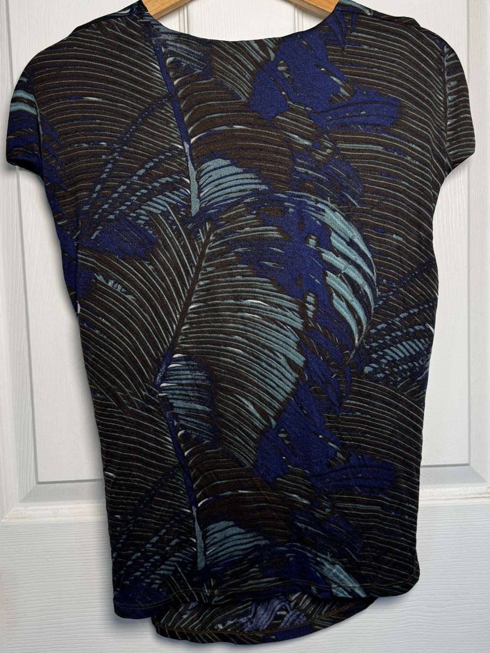 Max Mara Italy Draped Faux Wrap Top XL Blue Brown Abstract Jersey Quiet Luxury - Picture 12 of 13